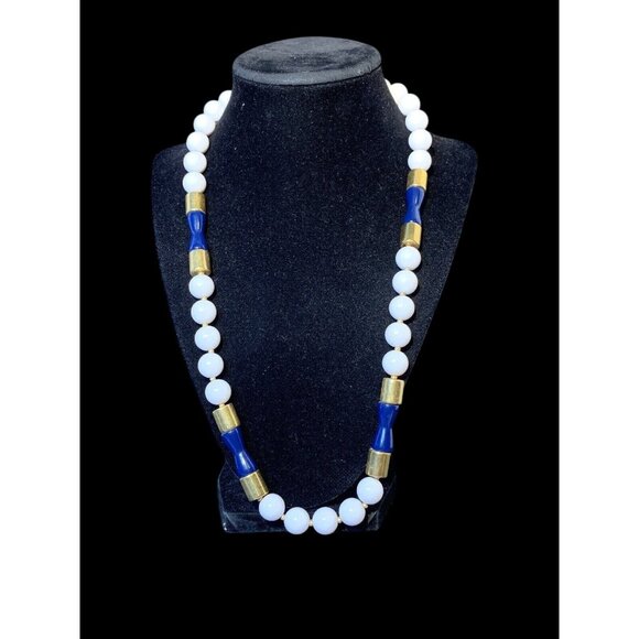 Napier Jewelry - Vintage Napier Single Strand Necklace W/Blue, White And Gold Tone Beads (1007)